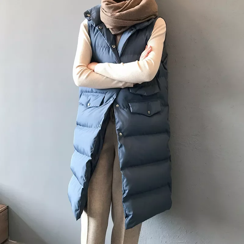 

2022New Winter Long Vest Women Cotton Sleeveless Jacket Korean Casual Solid Waistcoat Fashion Loose Warm Down Coat Veste Femme