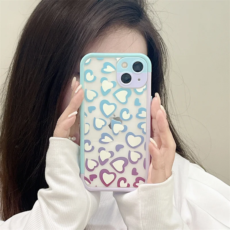 

Luxury Cute Clear Love Heart Leopard Gradual Change Phone Case For Iphone 13 12Pro 11 X XR XS Max Shockproof Antislip Back Cover