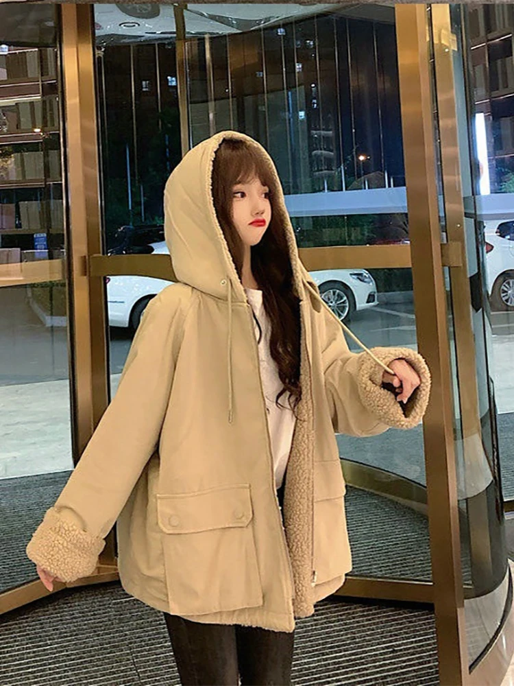 Autumn Winter Jacket Women Oversized Parkas Hooded Thick Warm Coat Soft Kawaii Jackets Double Sided Outerwear Long Sleeve Tops