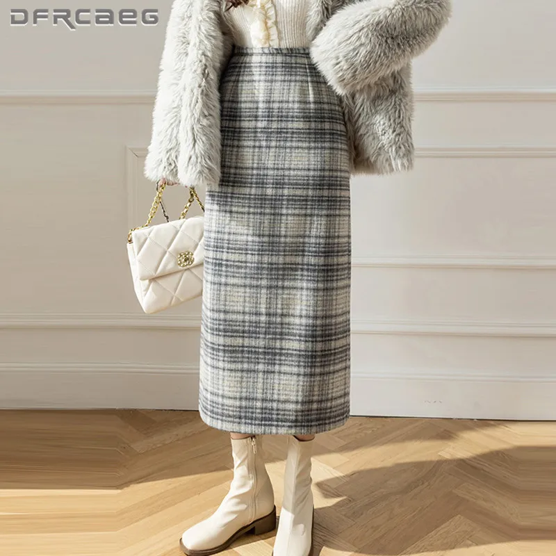 

Elegant Fashion Winter Wool Straight Long Skirt Women 2023 High Waist Vintage Plaid Warm Woolen Saias Longas Female