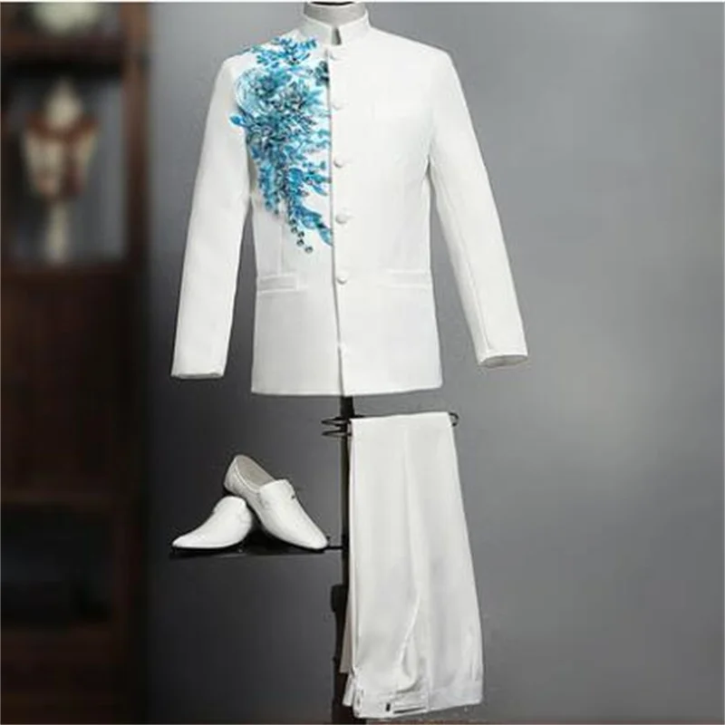 Embroidery blazer men Chinese tunic suit set with pants mens wedding suits singer star style dance stage clothing formal dress