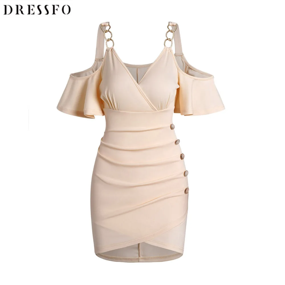 

Derssf Women Dress Cold Shoulder Ruched Tulip Hem Bodycon Dress Chain Strap Mock Button Surplice Plunge Mini Summer Dress 2023