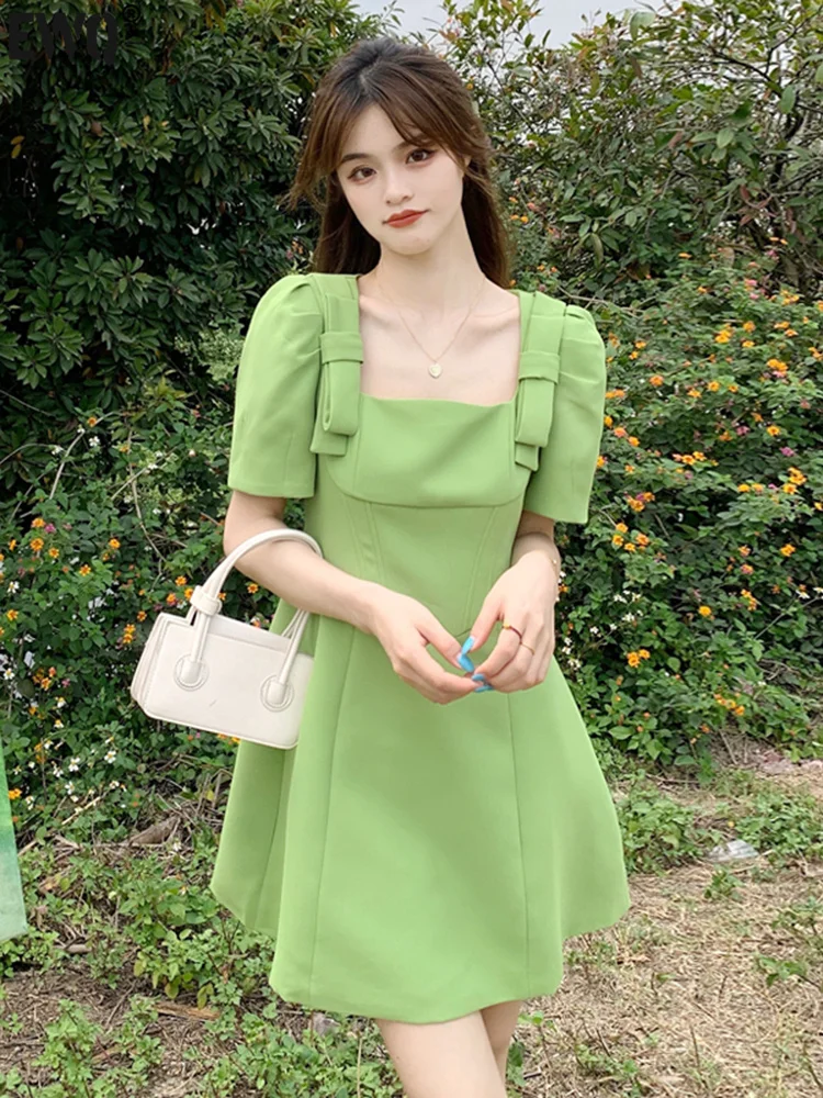 

Large fat mm French bow square neck short sleeve dress women's summer 2022 new waist closing slim A-line skirt G143
