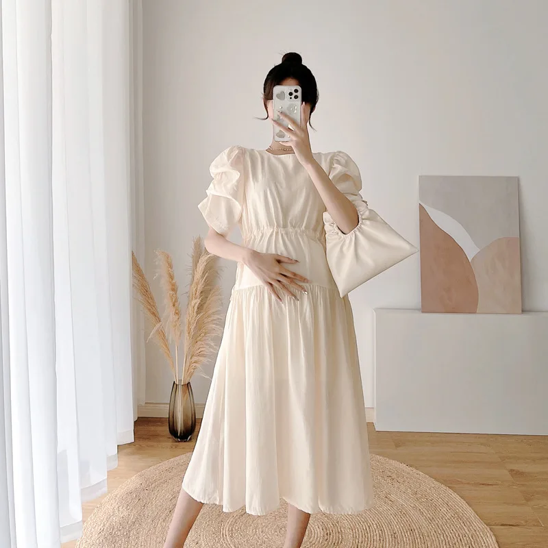 

Maternity Dresses Summer Clothes For Pregnant Women Fashion Elegant Gentle Solid Waist Drawstring Loose Long Pregnancy Vestidos