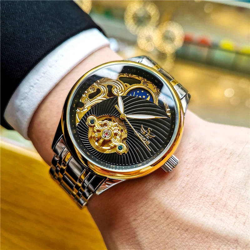 

SEWOR Hollow Design Tourbillon Casual Man's Wristwatches Waterproof Automatic Mechanical Watch Men Luminous, Moon Phase