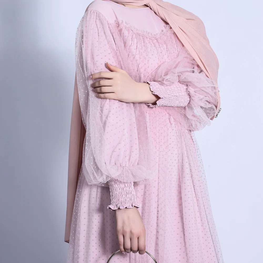 Arabic Abaya Dress Turkish Kaftan 2022 Wave Dot Mesh Lantern Sleeve Lace Up Muslims Women Islamic Clothing Prom Dresses Vestidos
