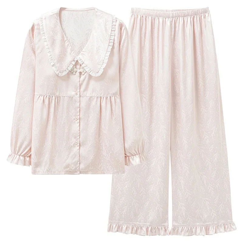 Пижамный комплект из ледяного шелка с накладкой на грудь женские весенне-осенние