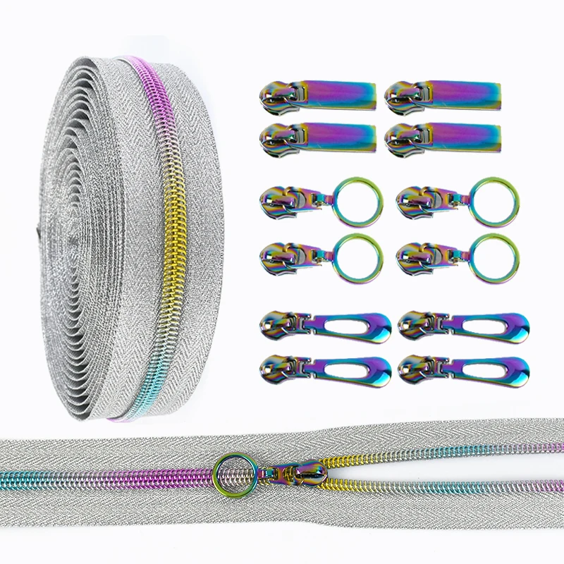 

5Meters 5# Rainbow Nylon Zipper Tape with Zip Slider Puller Decorative Bag Backpack Zips DIY Clothes Repair Sewing Accessories