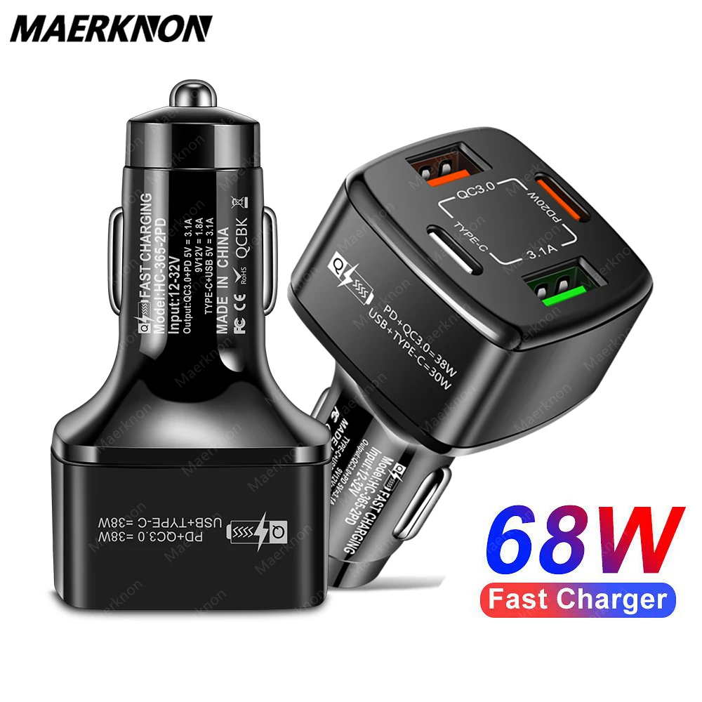 

Автомобильное зарядное устройство Maerknon, 68 Вт, USB Тип C, 20 Вт, PD, быстрая зарядка, автомобильное зарядное устройство для iPhone 12, 13 Pro, Xiaomi, Samsung, авт...
