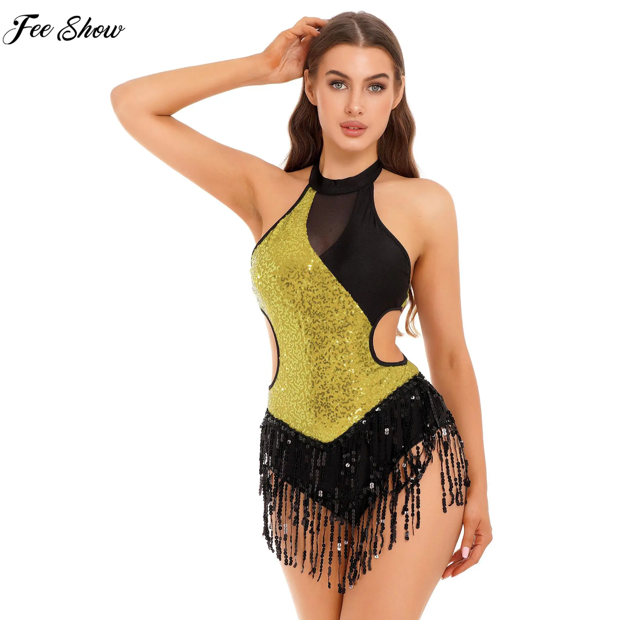

Womens Latin Dance Leotard Dress Sleeveless Shiny Sequin Tassel Bodysuit Dancewear for Cha-Cha Samba Tango Rumba Performance
