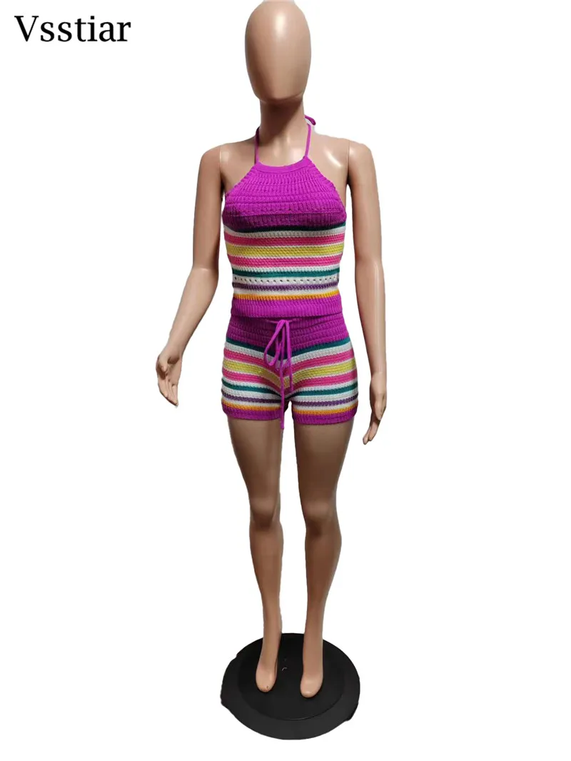 Vsstiar Летний полосатый Женский комплект из двух предметов сексуальный с открытой
