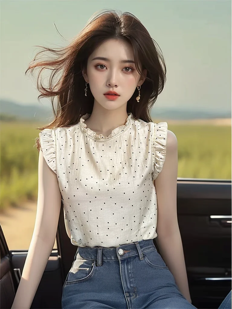 Шифоновые рубашки в горошек с деревянными ушками женские летние французские