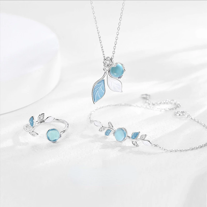 

Blue Crystal Leaf Necklace Bracelet Female Ring Opening Adjustable Boudoir Trinket Gift