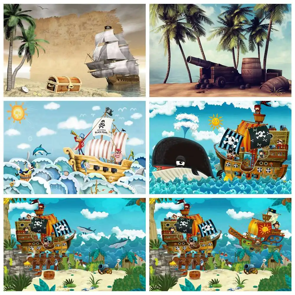 Birthday Photography Backdrops Pirate Ships Decoration Custom Baby Tropical Sea Treasure Maps Wooden Deck Helm Photo Backgrounds