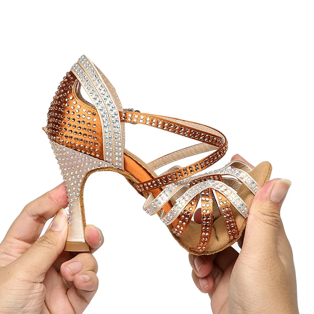 DKZSYIM Rhinestone Latin Dance Shoes Women High Heels Ballroom Waltz/Tango/Jazz Snakers Soft Soles Party Dance Sandals Shiny