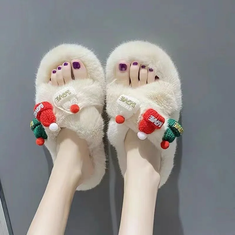 

Christmas 2023 New Comfortable and Warm Indoor Slippers Fashion Women Shoes Velvet Flat Bottom Luxe Ladies Slipper