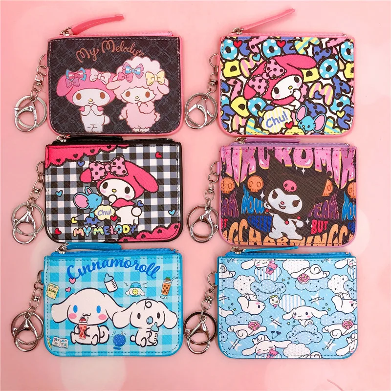 

Kawaii Sanrio Cartoon Bag Cinnamoroll Melody Pachacco Pom Pom Purin Kuromi Leather Card Holder Cute Coin Purse Keychain Pendant