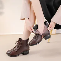 GKTINOO 2022 New Lace Up Heeled Shoes Women's Boots Lady Brown Genuine Leather Ankle Boots Big Size 42 Women Short Booties