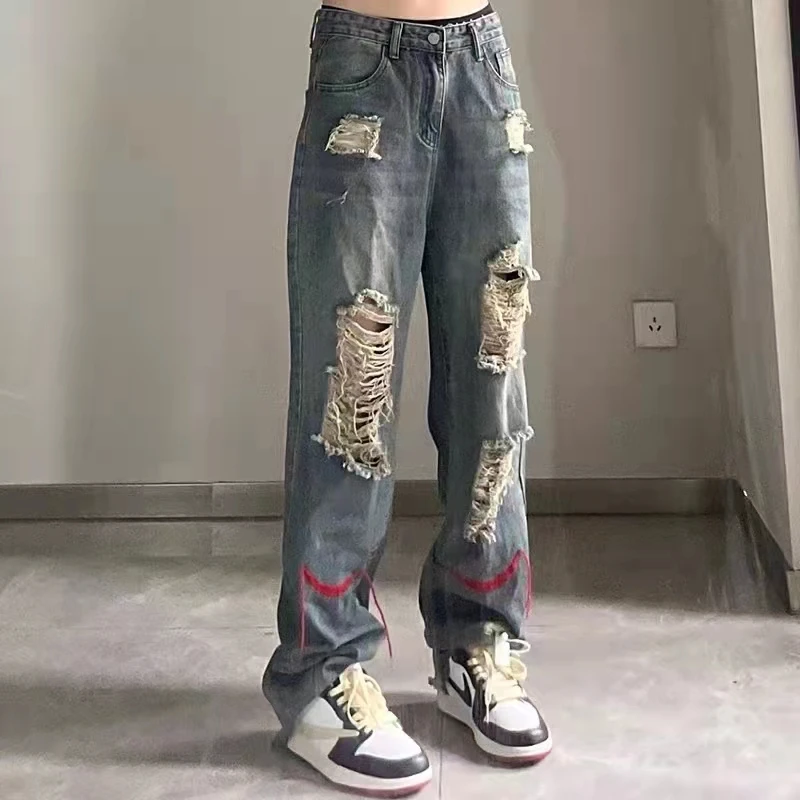 

Ripped Hole Distressed Retro Washed Jeans for Men Straight Patchwork Streetwear Oversize Loose Hip Hop Denim Trousers