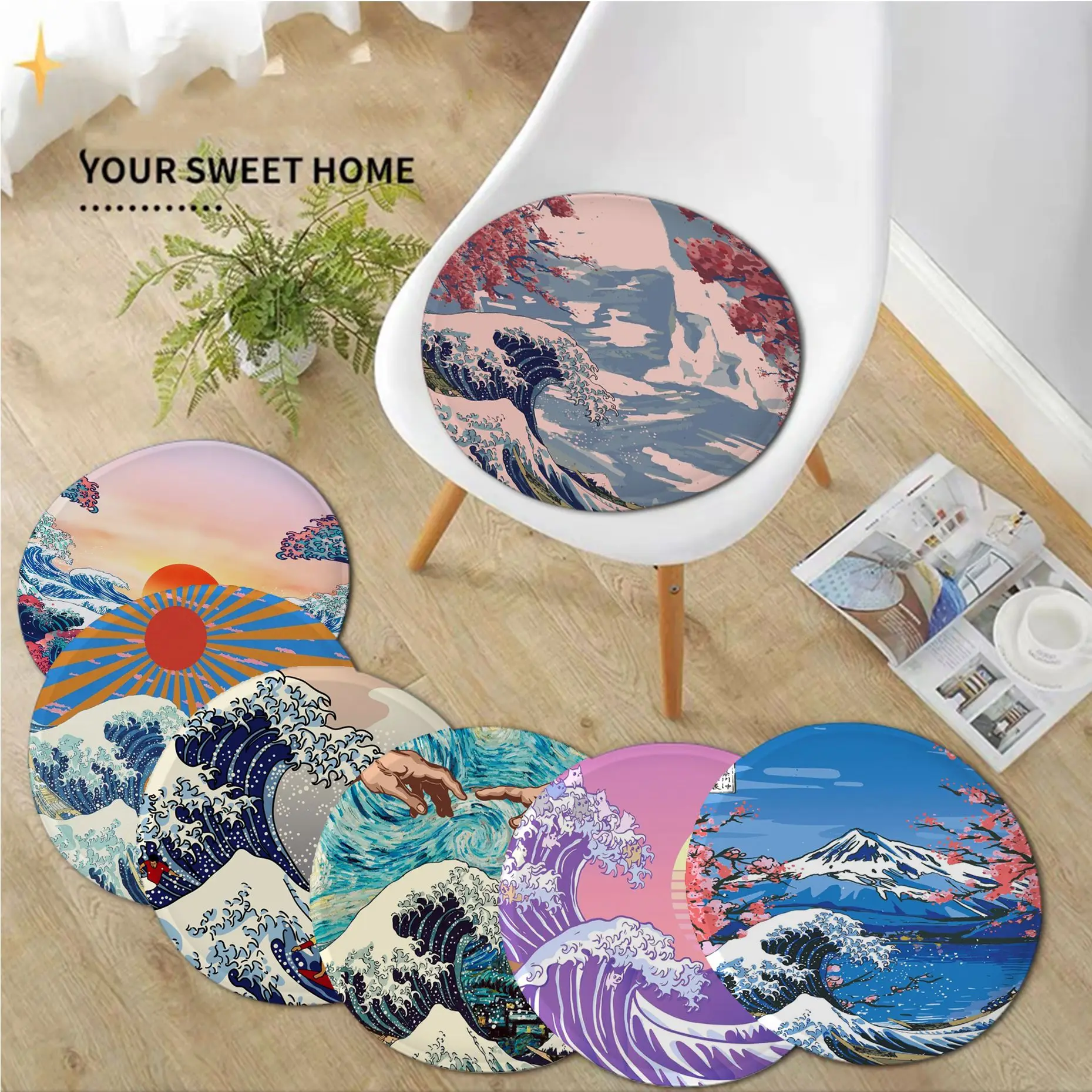

Japanese Wave Anime Nordic Printing Chair Cushion Soft Office Car Seat Comfort Breathable 45x45cm Buttocks Pad