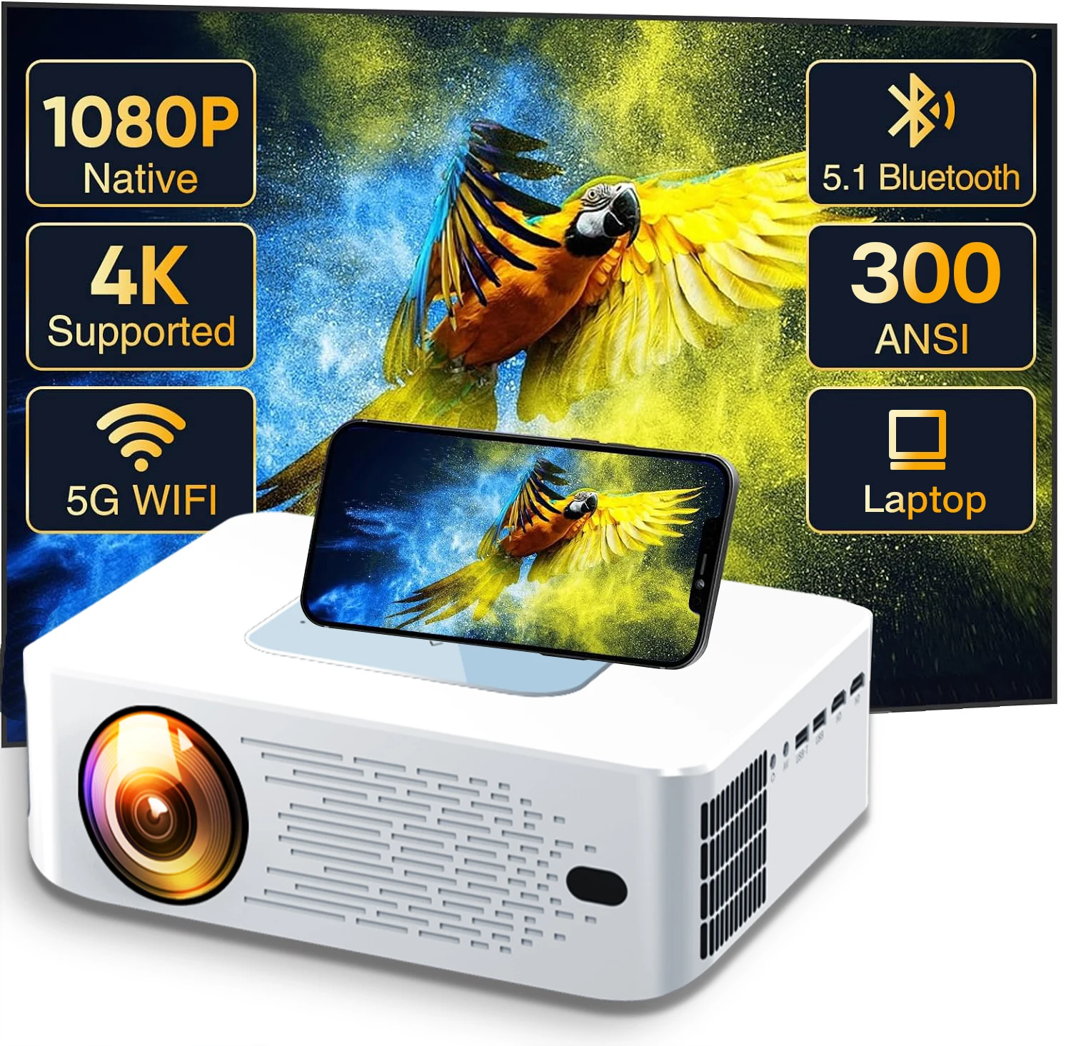 Фото Портативный проектор 4K Full HD 1080P Android светодиодный видео домашний кинотеатр BT5.1 Wi-Fi проектор для мобильного телефона №1