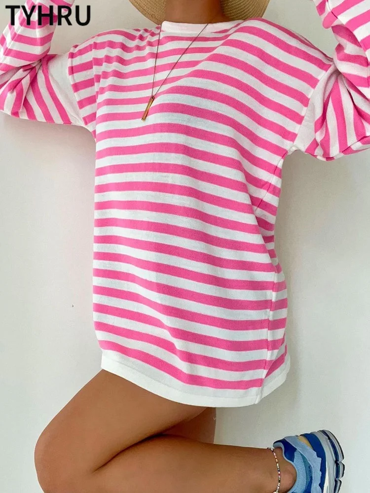 

TYHRU Women's Knitted Long Sleeve Sweater Striped Pullover Loose Casual Tops O-neck Fashion Streetwear Jumper Clothing