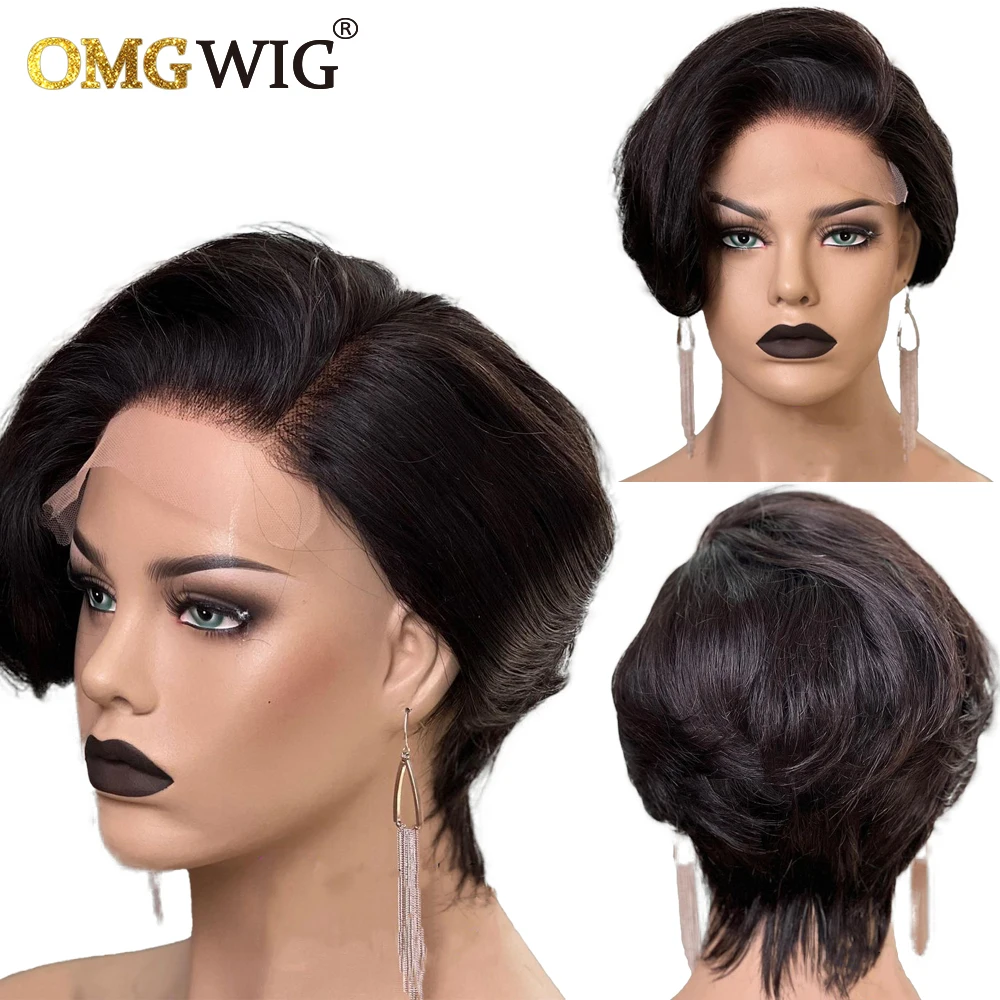 

Short Pixie Cut Wig Pre Plucked Hairline Natural Wavy Straight Bob Wig Brazilian Remy Human Hair 13x1 T Part Lace Wigs For Women