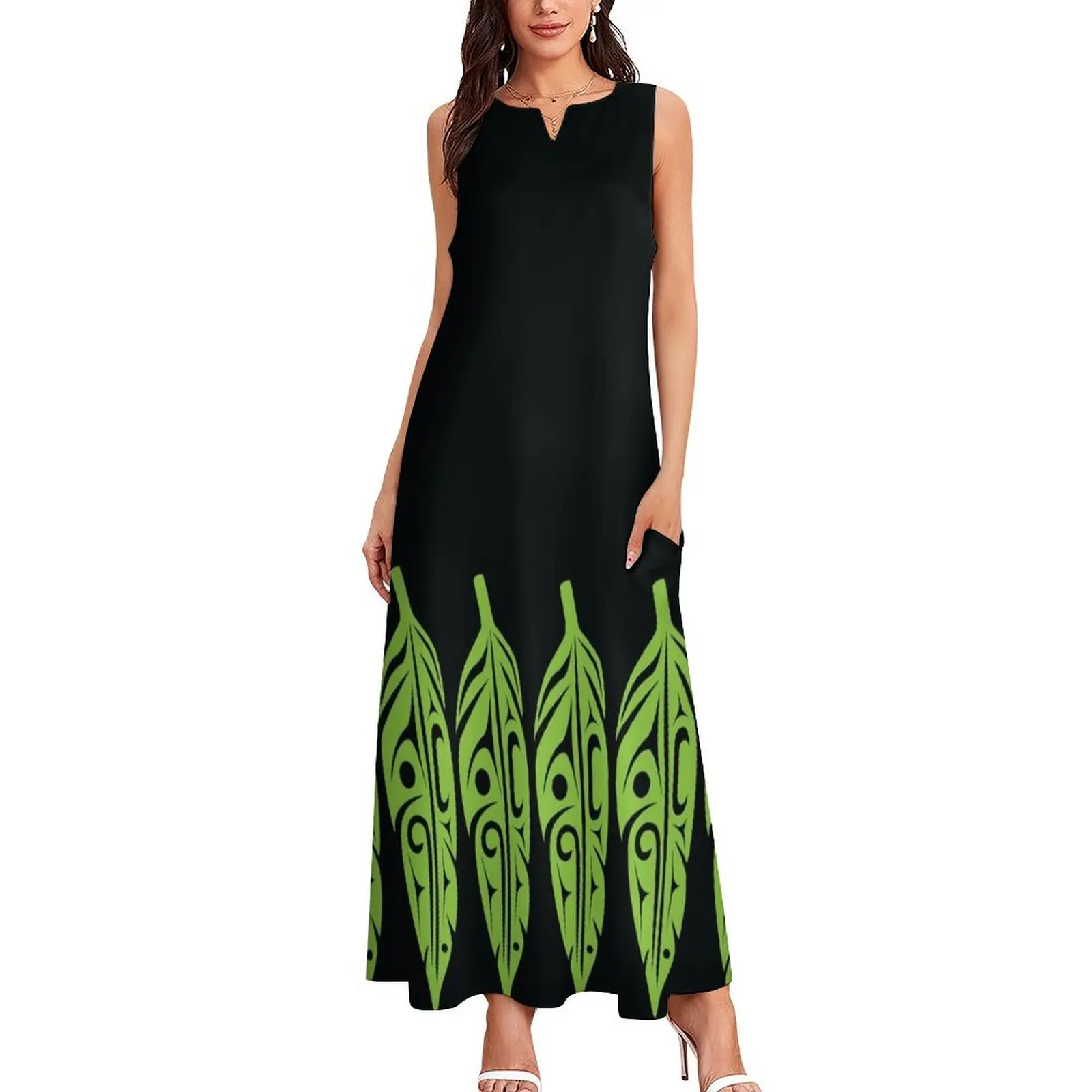 Перья - лаймово-зеленое на черном длинном платье Платье с длинным рукавом