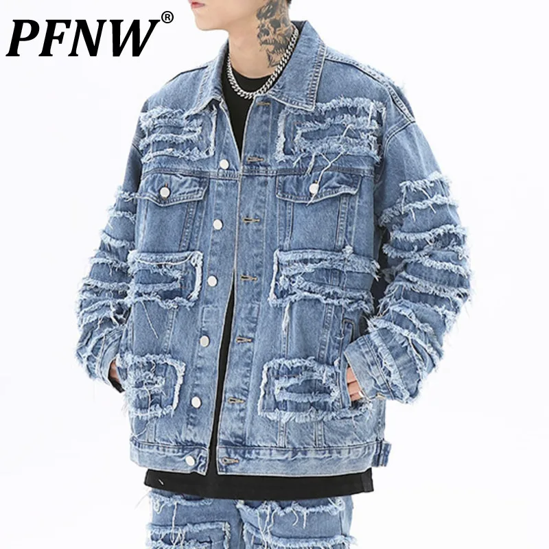 

Мужская джинсовая куртка в стиле пэчворк PFNW, повседневная однобортная приталенная джинсовая куртка в стиле пэчворк для тяжелой промышленн...