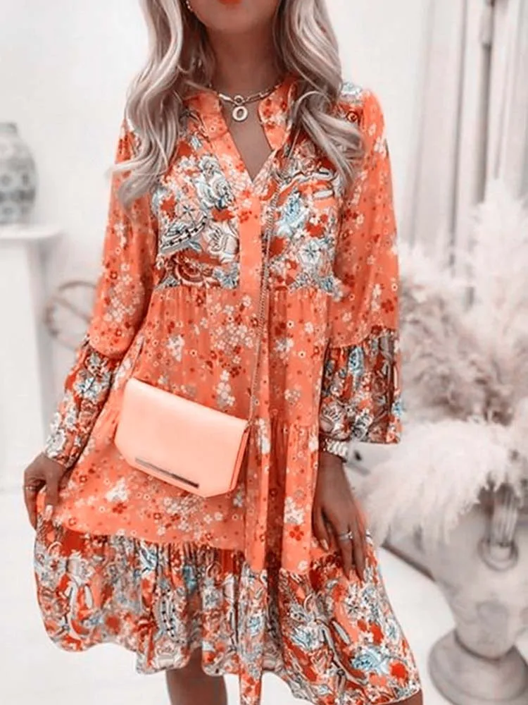 

4 Colors Vintage Printed Dress Women Long Sleeve Big Swing Loose Skirt Female Summer Casual Party Sundress