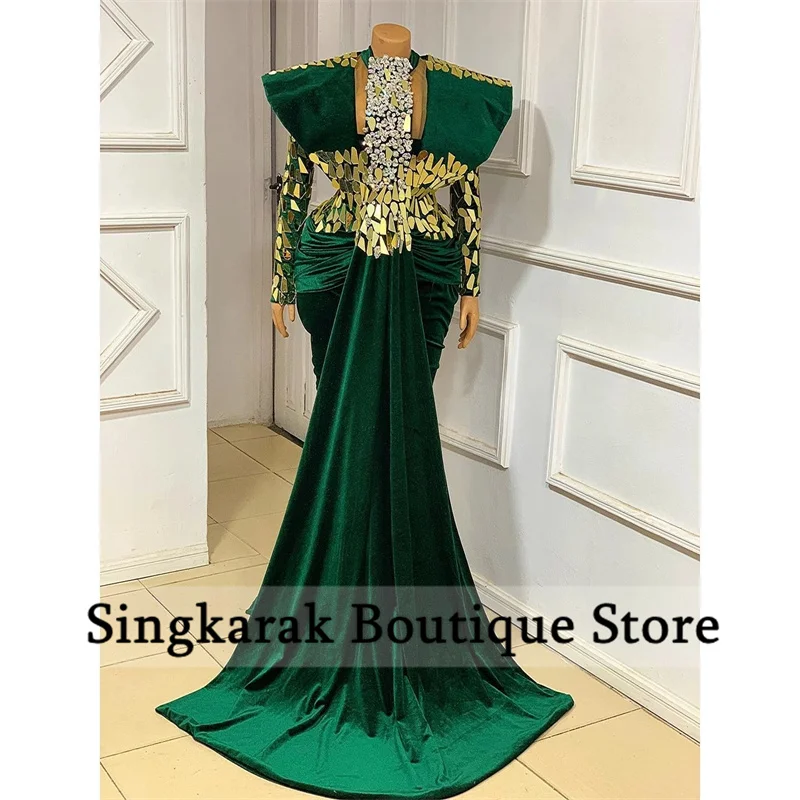 

Luxury Aso Ebi Green Evening Dresses Velvet Long Sleeves Sequins Crystal African Formal Party Wedding Gowns Robe De Soirée
