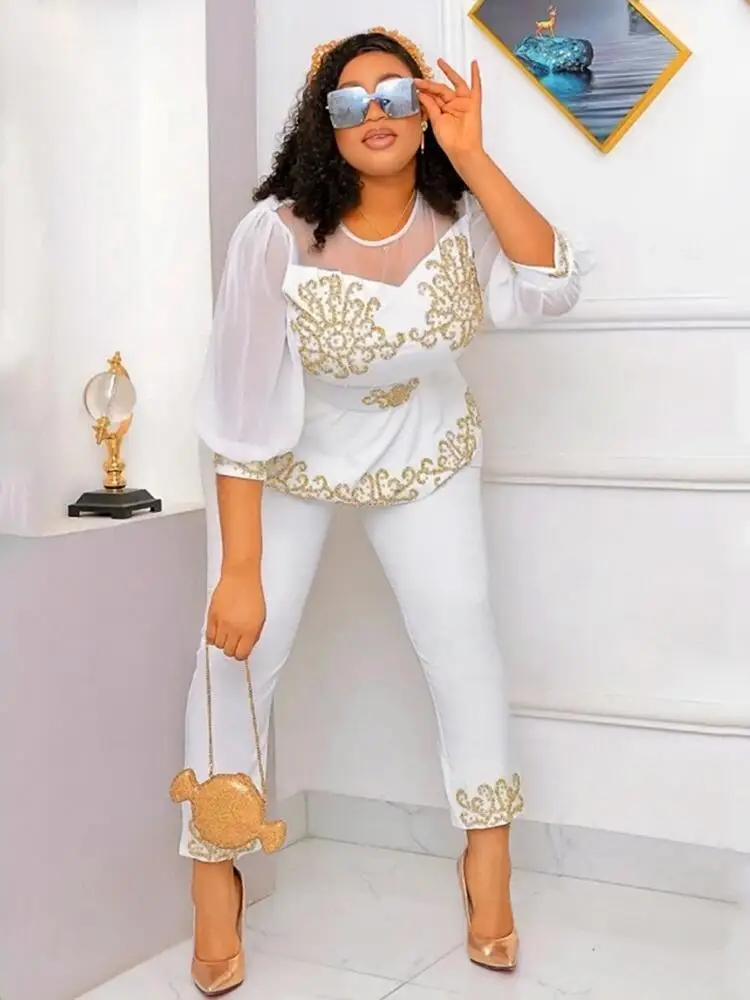 Office Suits for Women Two Pieces Lady Puff Sleeve Top and Pants Set Fashion Elegant Plus Size Sets Wholesale Bulk Dropshipping