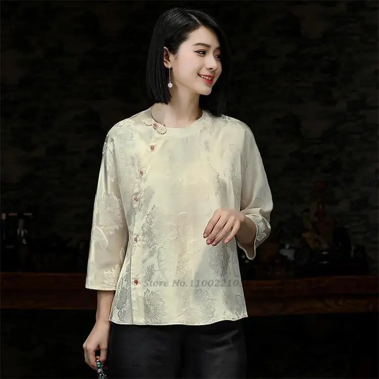 

2023 woman chinese traditional qipao blouse elegant retro flower print satin cheongsam shirt national tang suit oriental blouse