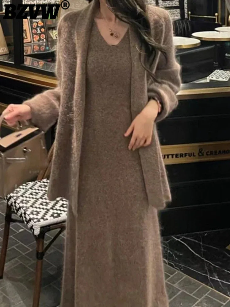 Модное вязаное платье BZVW из двух частей для женщин с V-образным вырезом без