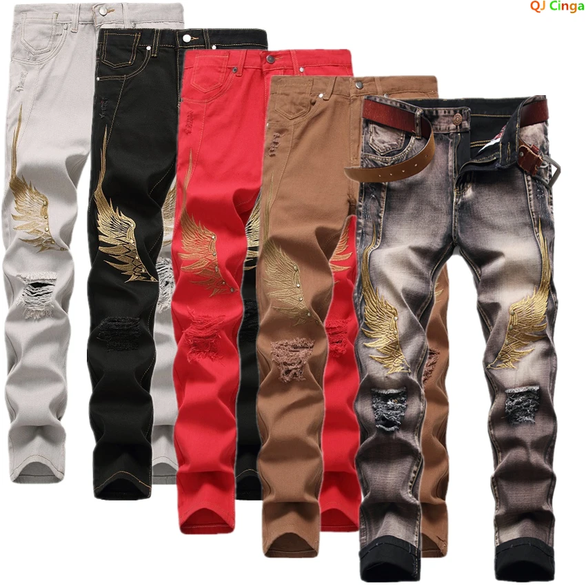 

Джинсы мужские с вышивкой в виде крыльев, модные повседневные облегающие брюки из денима, джинсы больших размеров 29-36 38 40 42