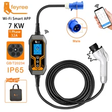 feyree GB/T Portable EV Charger 32A 7KW 1Phase APP Bluetooth Version EVSE 11KW 16A 3Phase Cable 5m CEE Plug for Electric Vehicle 