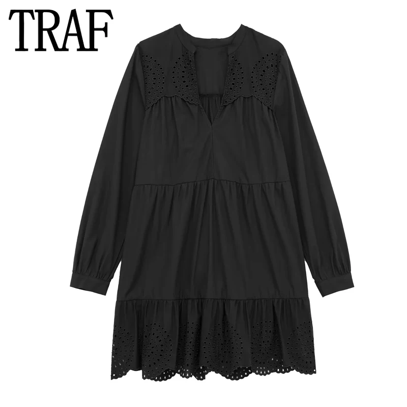 

TRAF Black Embroidery Dress Woman Cut Out Mini Dress Women Long Sleeve Short Dresses for Women 2023 Pleated Summer Female Dress