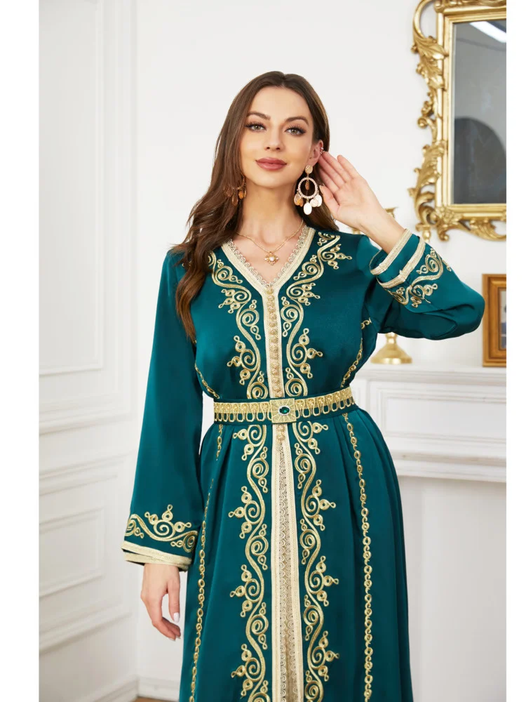 Kaftan for Women Muslin Morocco Caftan 2 Pieces for Wedding Easter Sunday Pentecost Kaftan Dress with Belt Green Ramadan Caftan