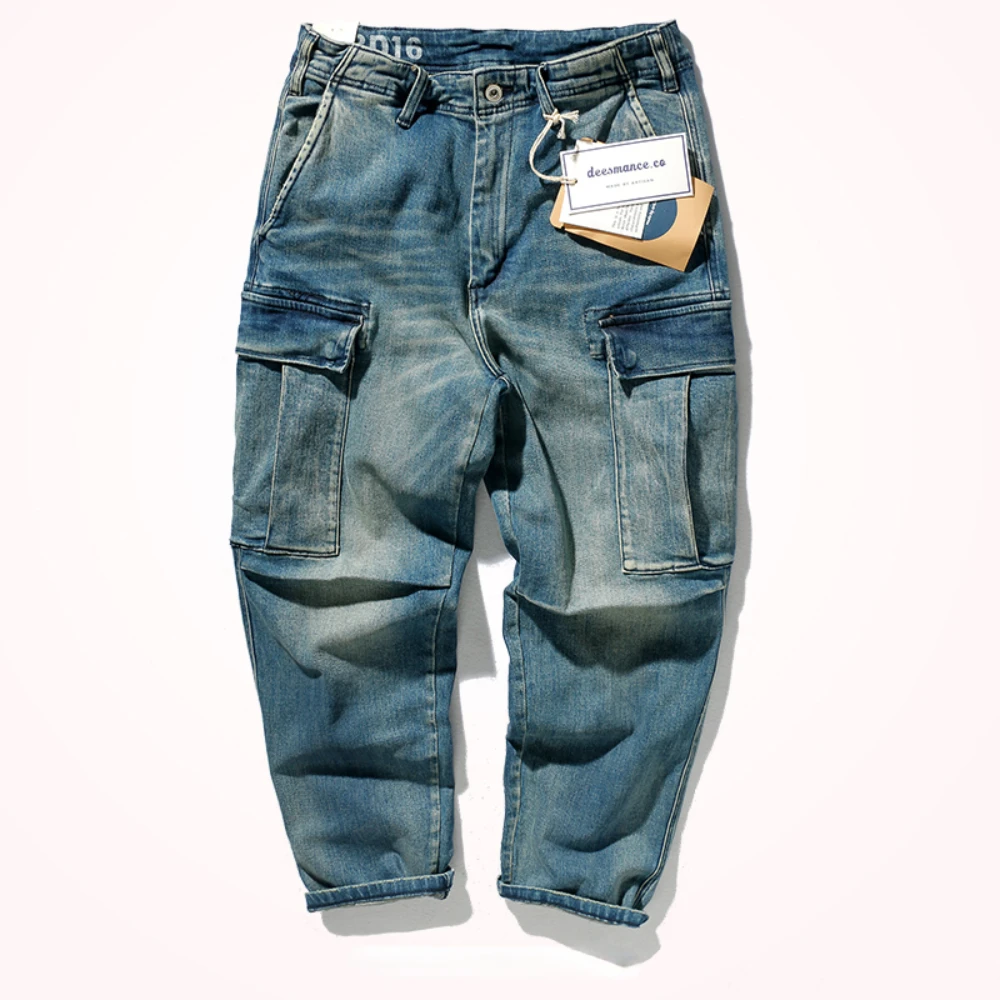 

Trousers Men's Nine Minutes Pants Loose Small Straight Retro Washed Old Heavy Stretch Jeans.