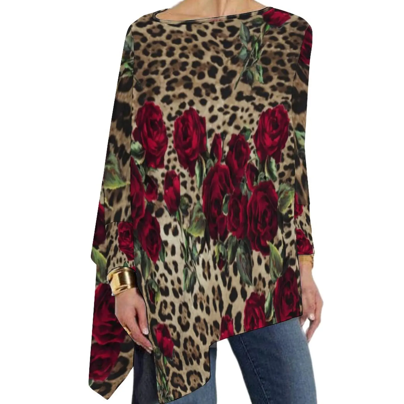 

Gold Leopard T-Shirt Red Roses Print Casual Long Sleeve T Shirts Print Cute Tshirt Female Autumn Top Tees 4XL 5XL 6XL
