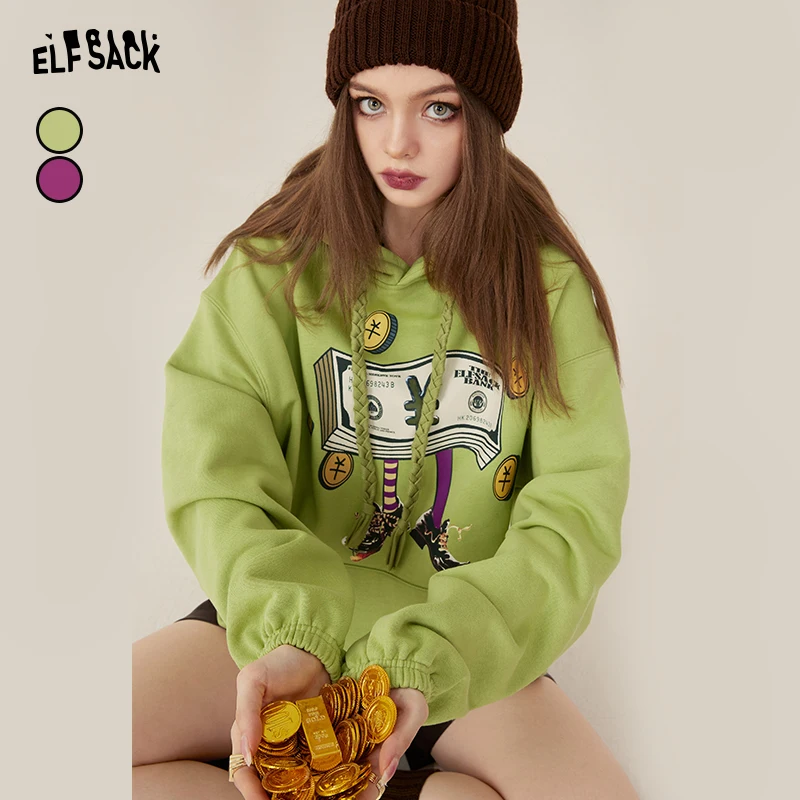 ELFSACK Green Fleece Warm Hoodies Outwear Women 2022 Autumn Vintage Loose Long Sleeve Sweatshirt