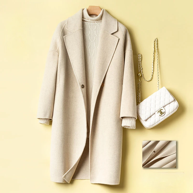 

Korean Fashion Single Breasted Double Sided Cashmere Wool Coat Loose Thick Long Woolen Jacket For Women Autumn Winter A295