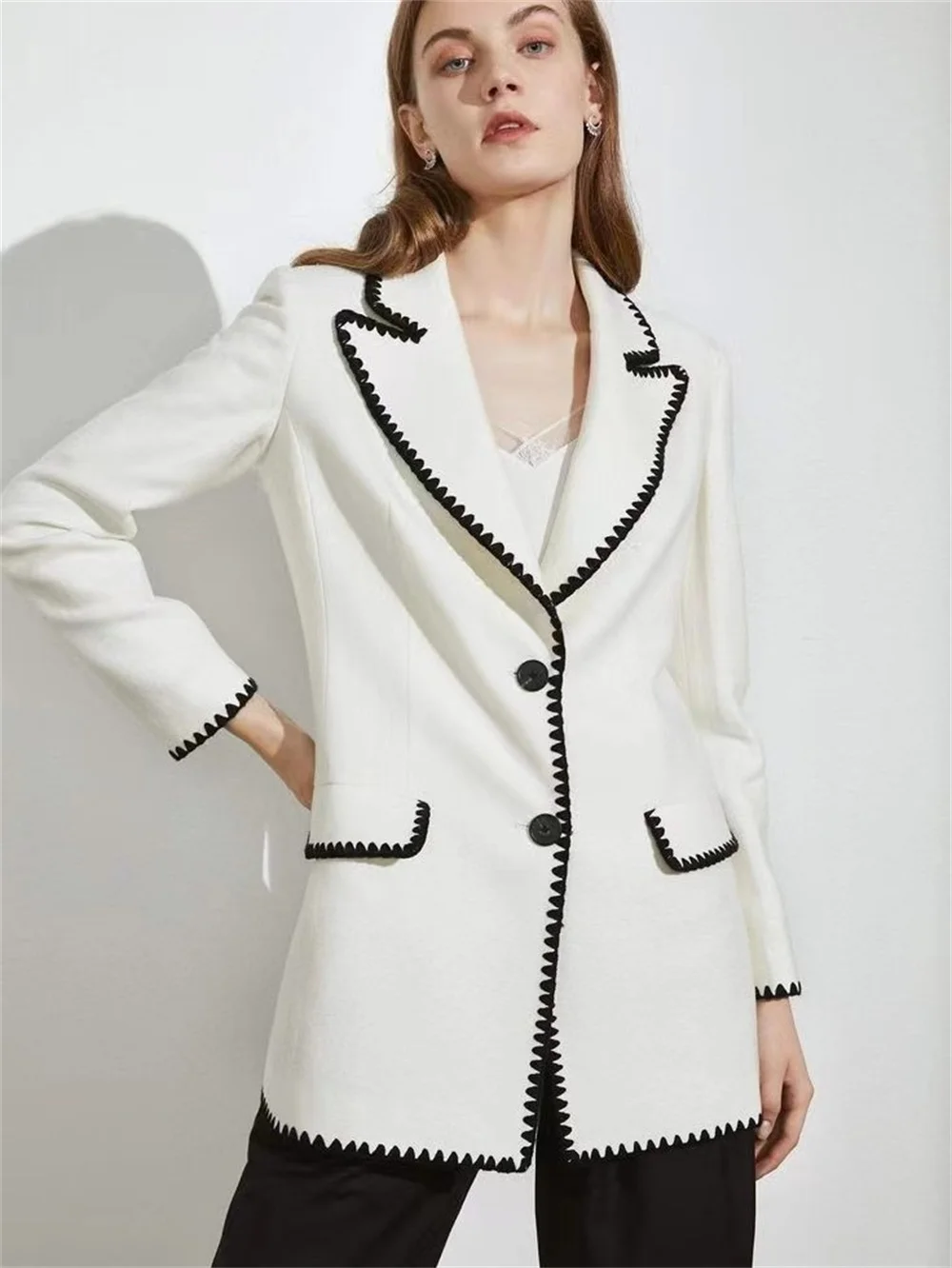 

Fashion White Patchwork Woolen Coat for Women Autumn Turn-down Collar Single Breasted Cardigan Jacket Lady Winter Warm Outerwear