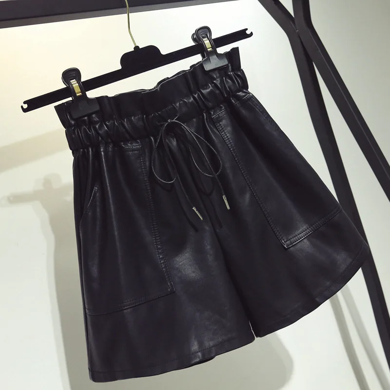 

New High Waist Lace Up Shorts Flower Bud Wide Leg Leather Shorts Autumn Winter Korean Loose High Street Black Sexy Women Shorts