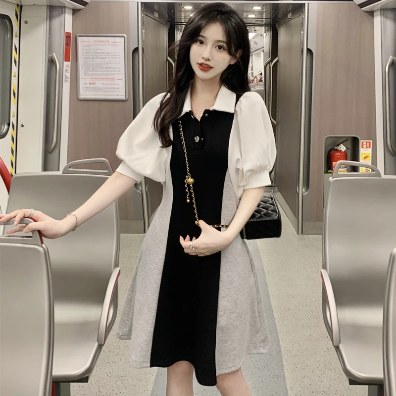 

Contrast Color Turn-down Collar Woman Dress Summer New Korean Style Vestido De Mujer Splicing Waist Puff Sleeve Robe