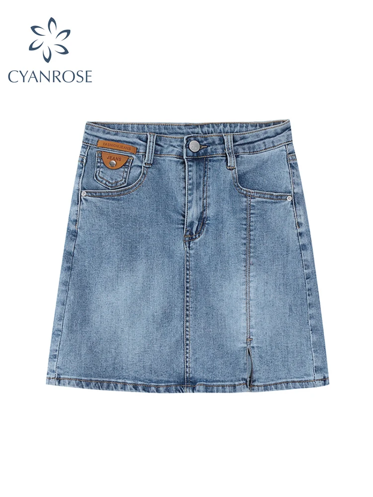 

Women's Denim Mini Skirt Vintage Harajuku Slim High Waist Split A Line Jean Skirts Female Korean Streetwear Fashion 2022 Summer