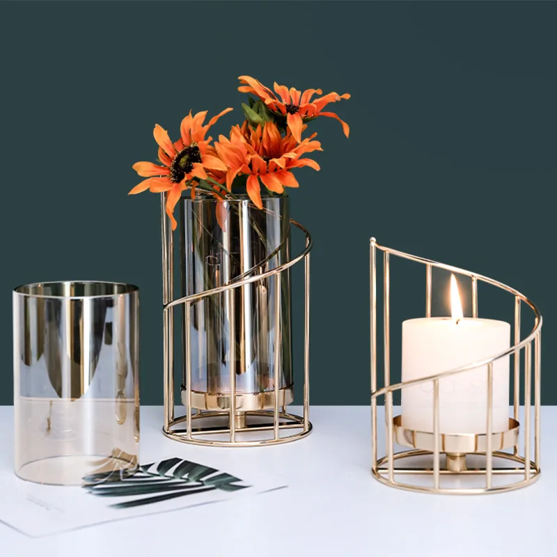

Golden Candlestick Glass Living Room Decor Iron Candle Holder for Table Gifts Wedding Home Decoration European Candle Cup metal