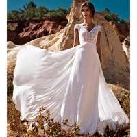 2022 simple short sleeves v neck chiffon a line wedding dress for bride backless detachable train vestido de novia