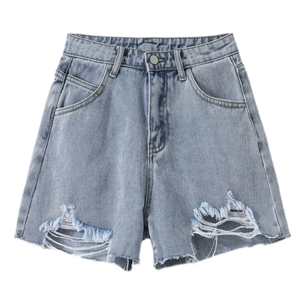 

S-5XL 2023 Summer Fashion Korean Wide Leg Ripped Denim Jeans Shorts Women High Waist Short Pants Female With Pockets