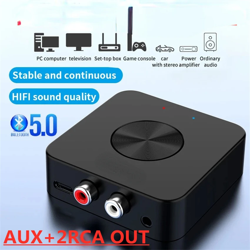 5.0 Audio RCA Receiver Transmitter TF Card AptX 3.5mm Jack Aux NFC Stereo Wireless Adapter for Car TV PC 2 Speakers